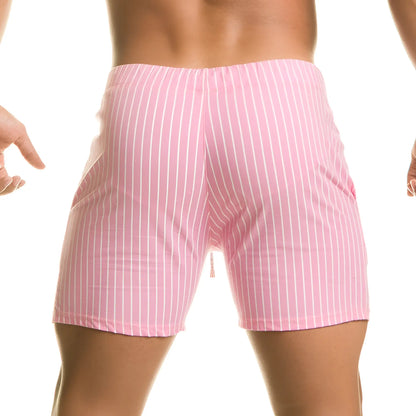 Gigo Naval Pink beachwear menâ€™s shorts with pink and white vertical stripes and a drawstring waistband