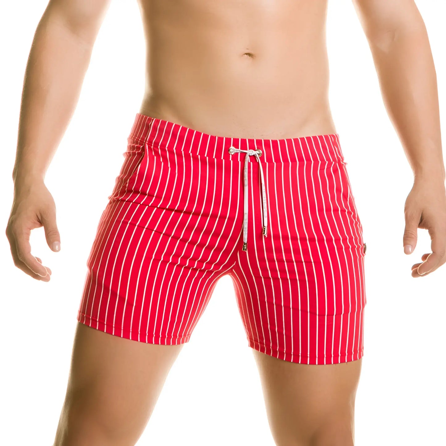 Red swim trunks with white vertical stripes and a drawstring waistband from gigo naval red beachwear collection