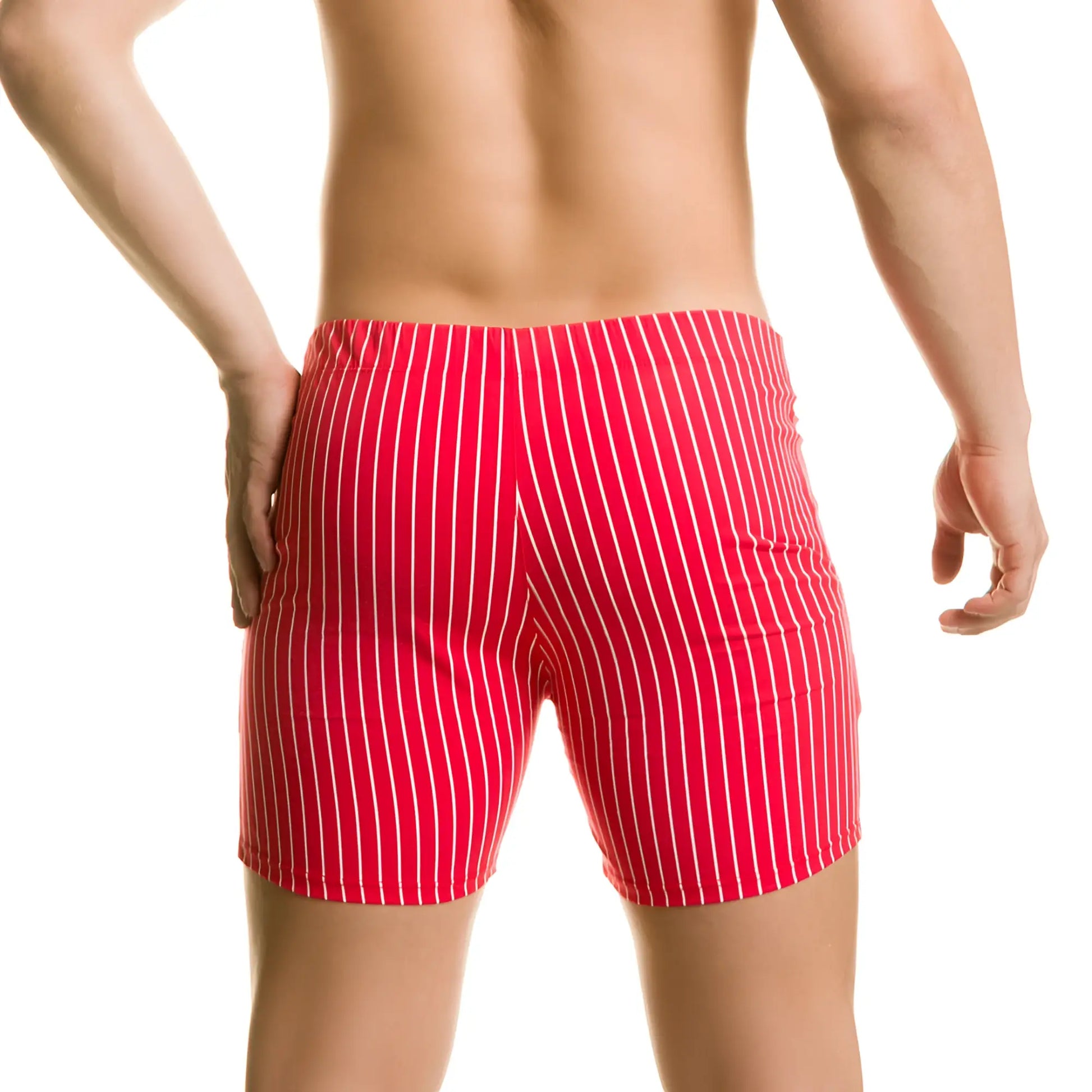 Gigo Naval red beachwear menâ€™s swim trunks with red and white vertical stripes for beach and pool use