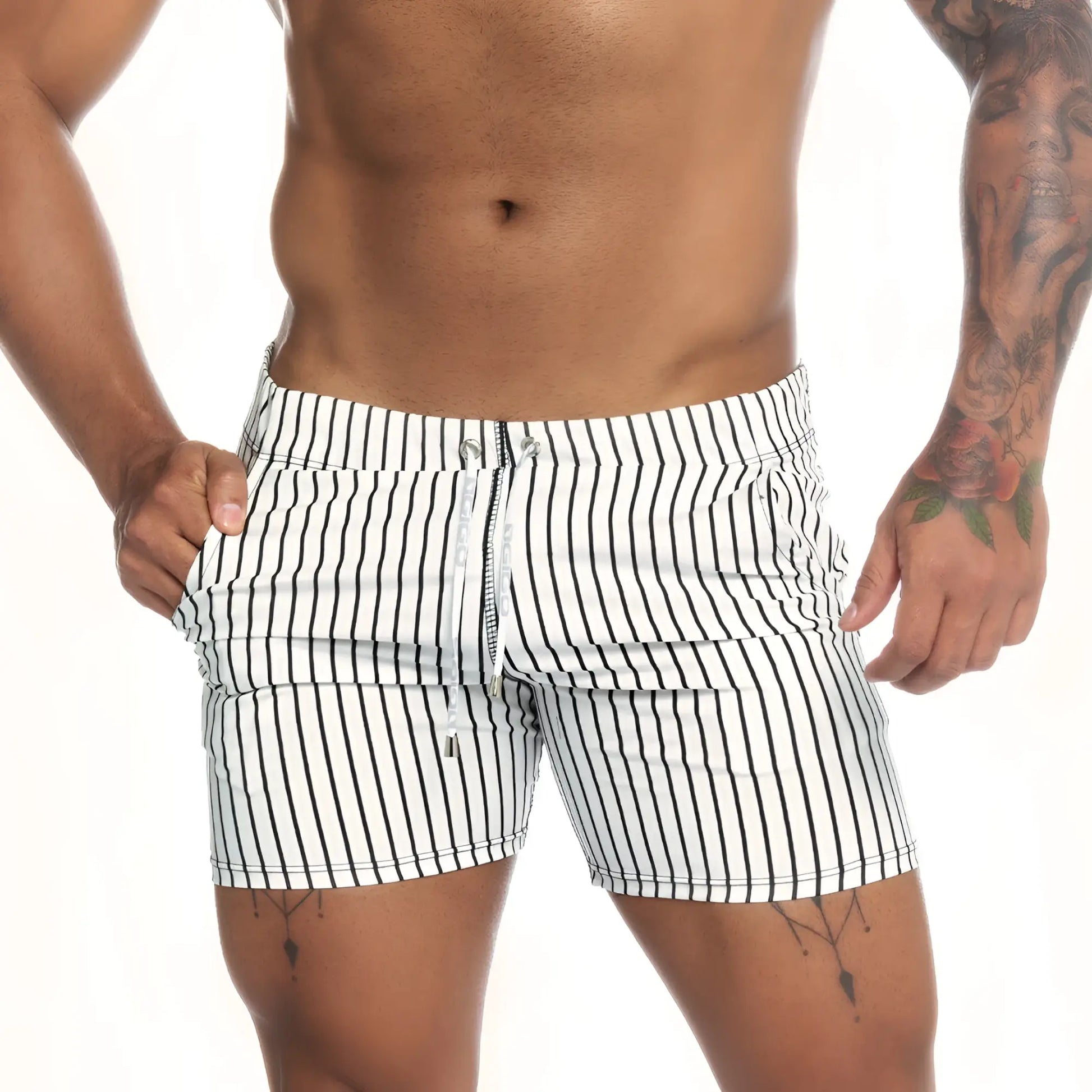 Gigo naval white beachwear white and black vertically striped swim trunks with drawstring waistband for casual beachwear