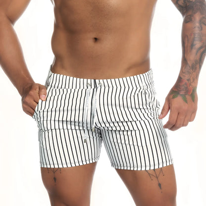 Gigo naval white beachwear white and black vertically striped swim trunks with drawstring waistband for casual beachwear