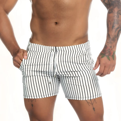 Gigo naval white beachwear white and black vertically striped swim trunks with drawstring waistband for casual beachwear