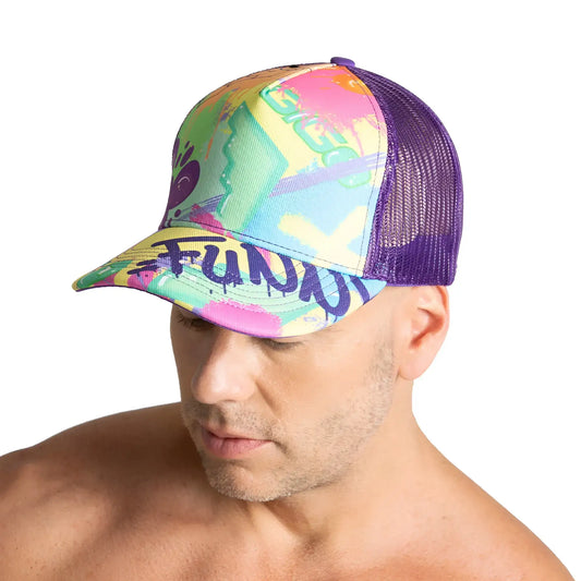 Vibrant gigo neon purple trucker hat with mesh back and colorful abstract design featuring fun lettering