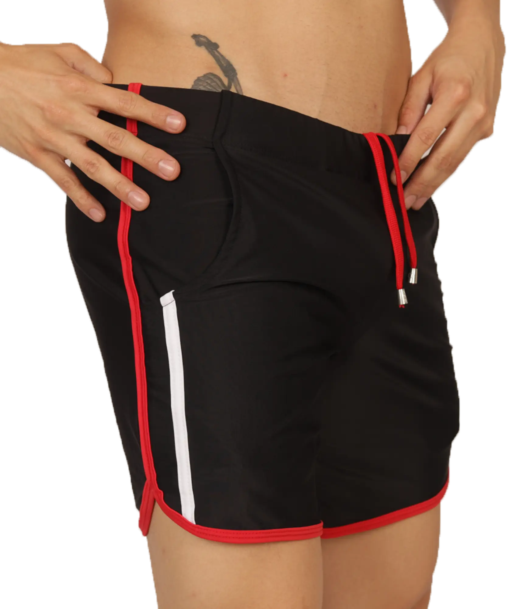 Gigo Nice black beachwear athletic shorts with red and white trim drawstring waistband and side pockets