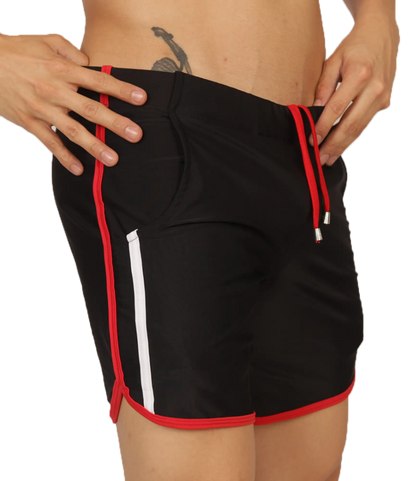 Gigo Nice black beachwear athletic shorts with red and white trim drawstring waistband and side pockets