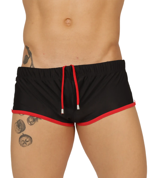 Gigo nice black swim trunk with red trim and drawstring designed for comfortable beachwear