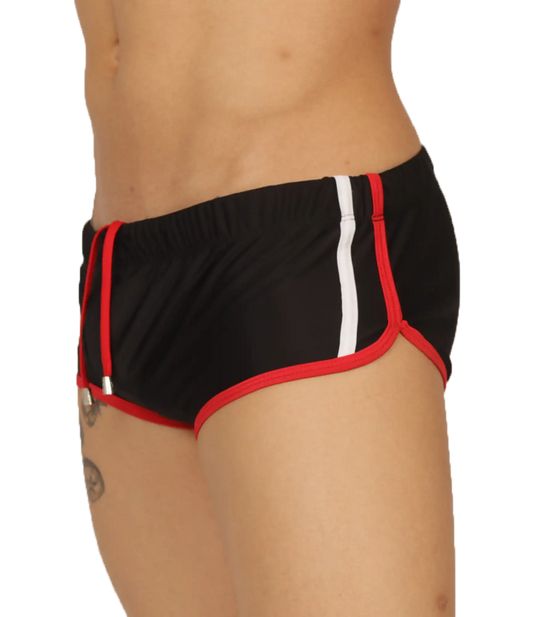 Gigo nice black swim trunk with red and white trim and drawstring waistband for comfortable beachwear