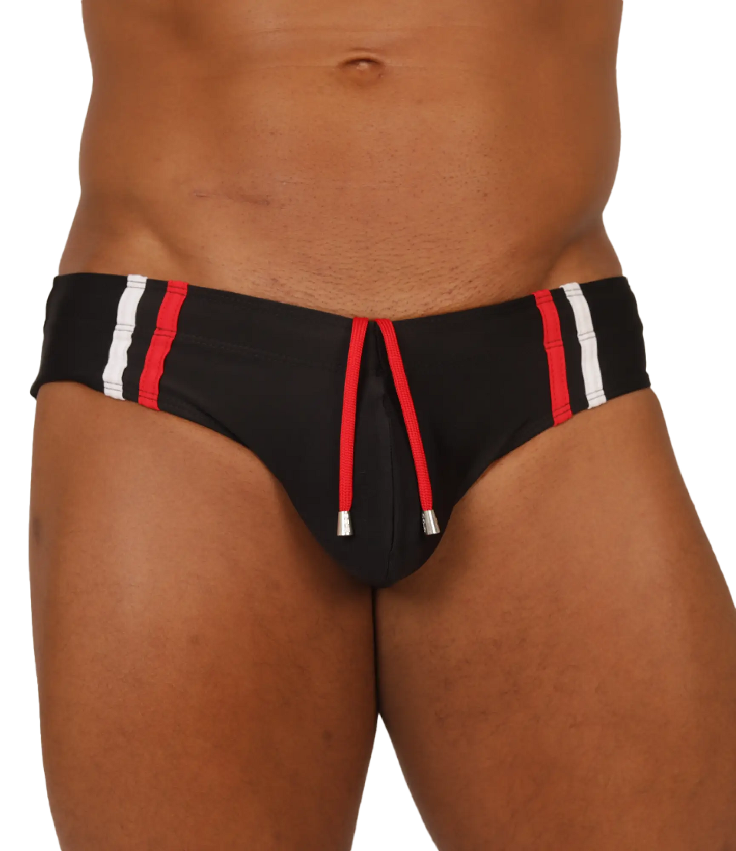 Gigo Nice black swimbrief with bold red and white vertical stripes and matching red drawstring at the front