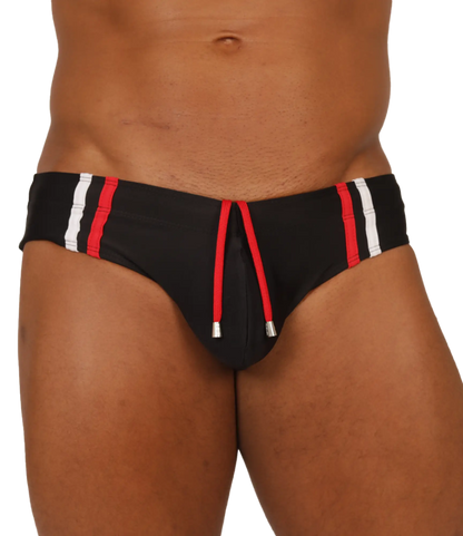 Gigo Nice black swimbrief with bold red and white vertical stripes and matching red drawstring at the front