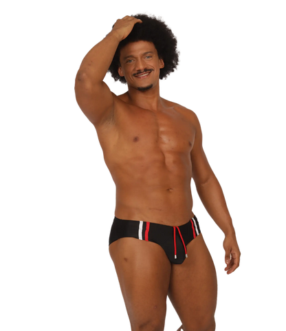 Gigo Nice black swimbrief with red and white striped side panels and drawstring ties for comfortable swimming