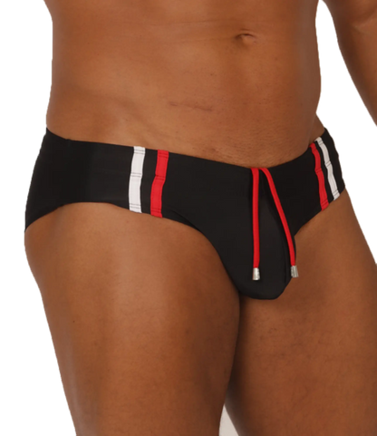 Gigo Nice black swimbrief with red and white striped side panels and matching drawstring ties for swimming