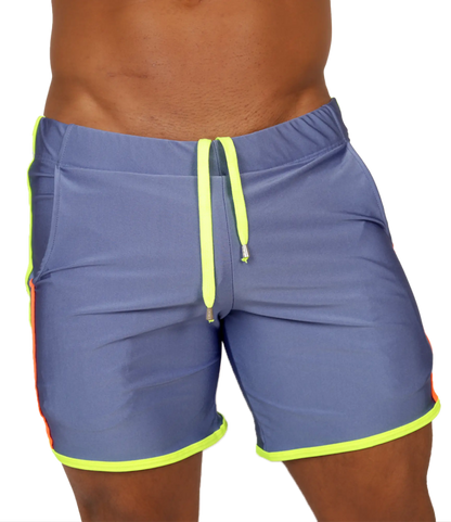 Gigo Nice Blue Beachwear blue athletic shorts with neon yellow drawstring and trim perfect for beachwear