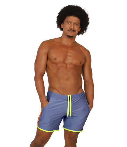 Gigo Nice blue swim trunks with neon yellow drawstring and trim for beachwear use