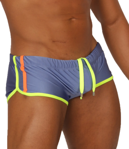 Gigo Nice Blue swim trunk in blue with neon yellow trim and orange side stripe for beach and pool use