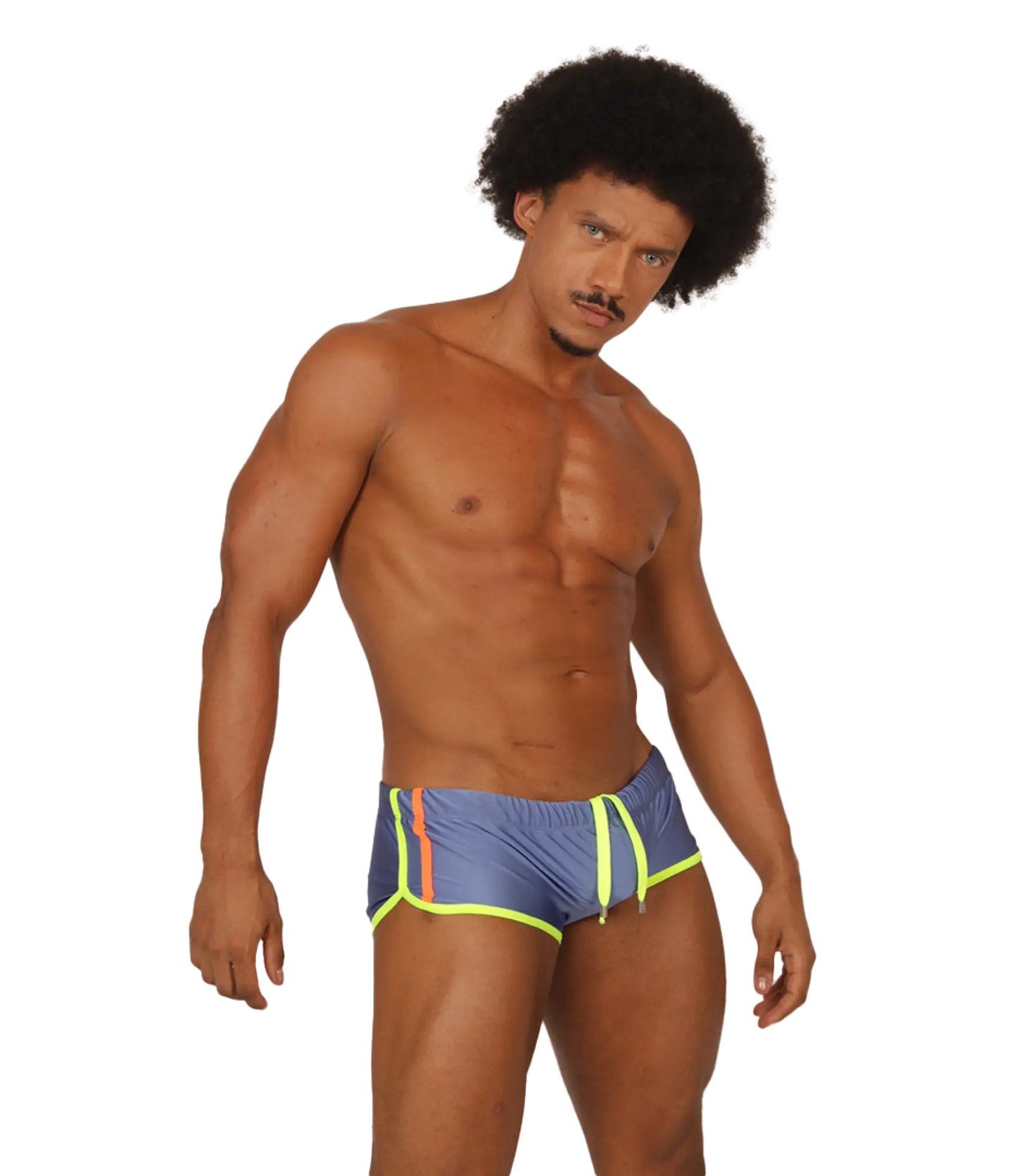 Gigo nice blue swim trunk with neon yellow and orange trim designed for comfortable beach and pool use