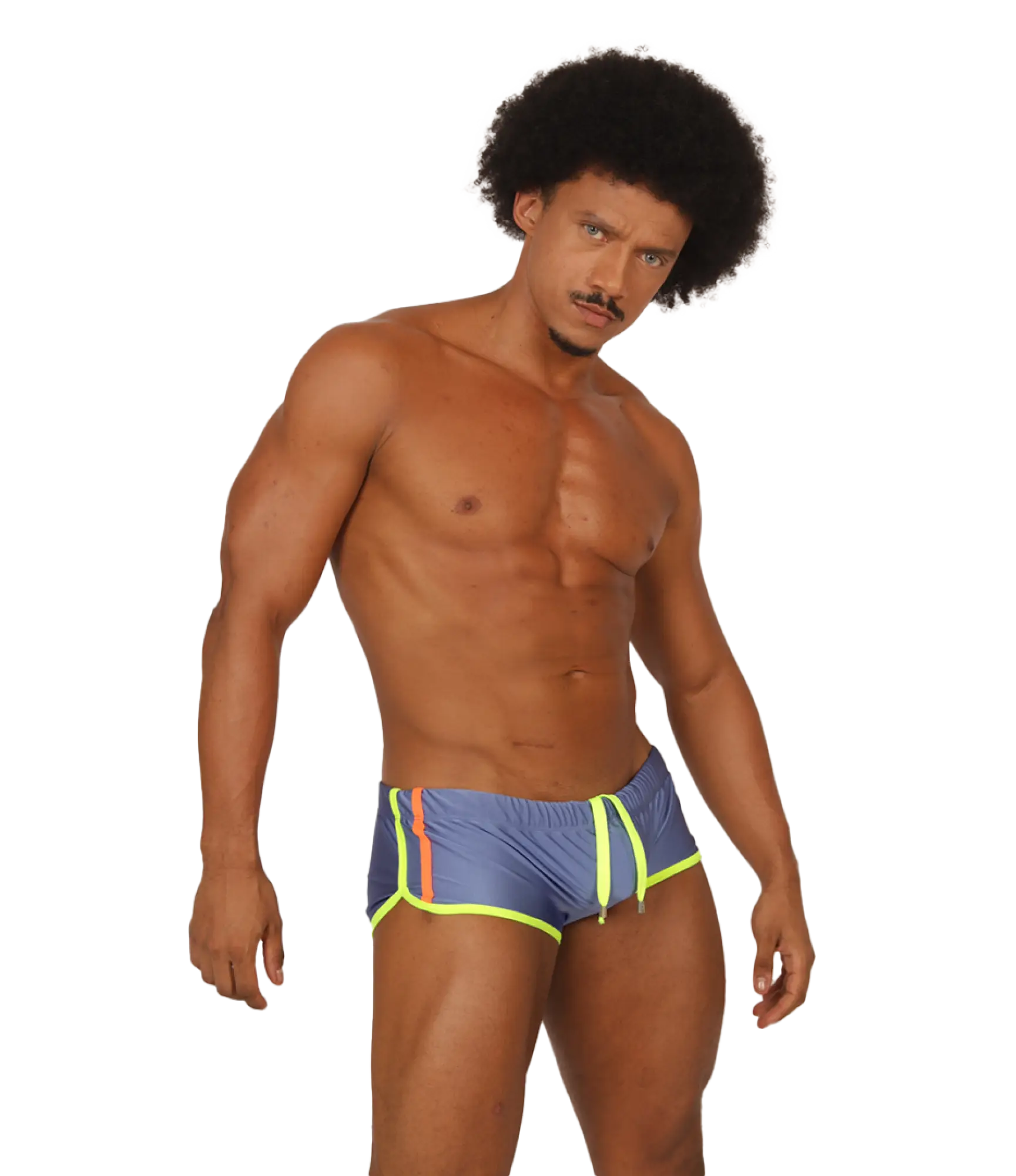 Gigo nice blue swim trunk with neon yellow and orange trim designed for comfortable beach and pool use
