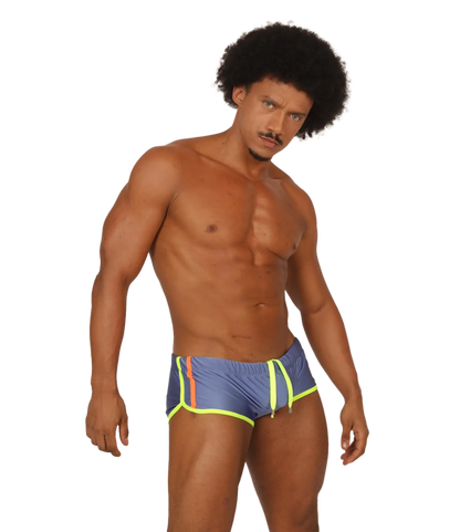 Gigo nice blue swim trunk with neon yellow and orange trim designed for comfortable beach and pool use