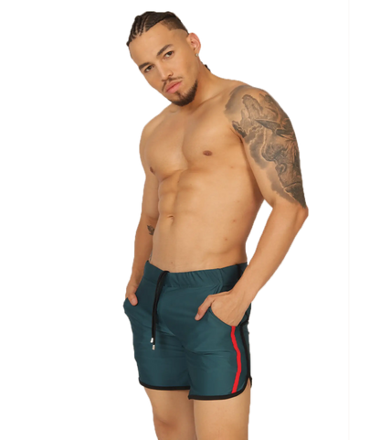 Teal athletic shorts with red and black side stripes from gigo nice green beachwear for casual sportswear use