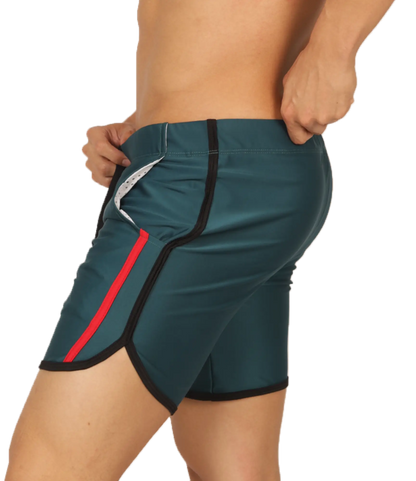 Gigo nice green beachwear teal athletic shorts with red and black trim side pockets and sleek design