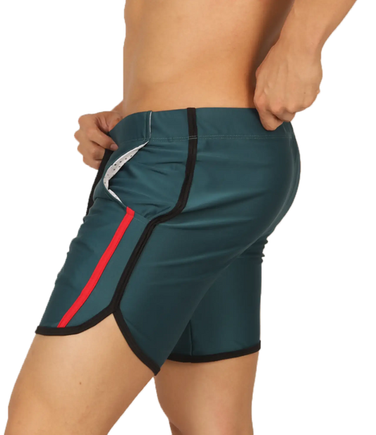 Gigo nice green beachwear teal athletic shorts with red and black trim side pockets and sleek design