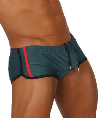 Gigo Nice Green swim trunk in teal with a bold red stripe and black trim designed for athletic use