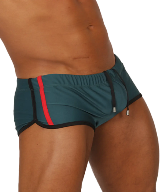 Gigo Nice Green swim trunk in teal with a bold red stripe and black trim designed for athletic use