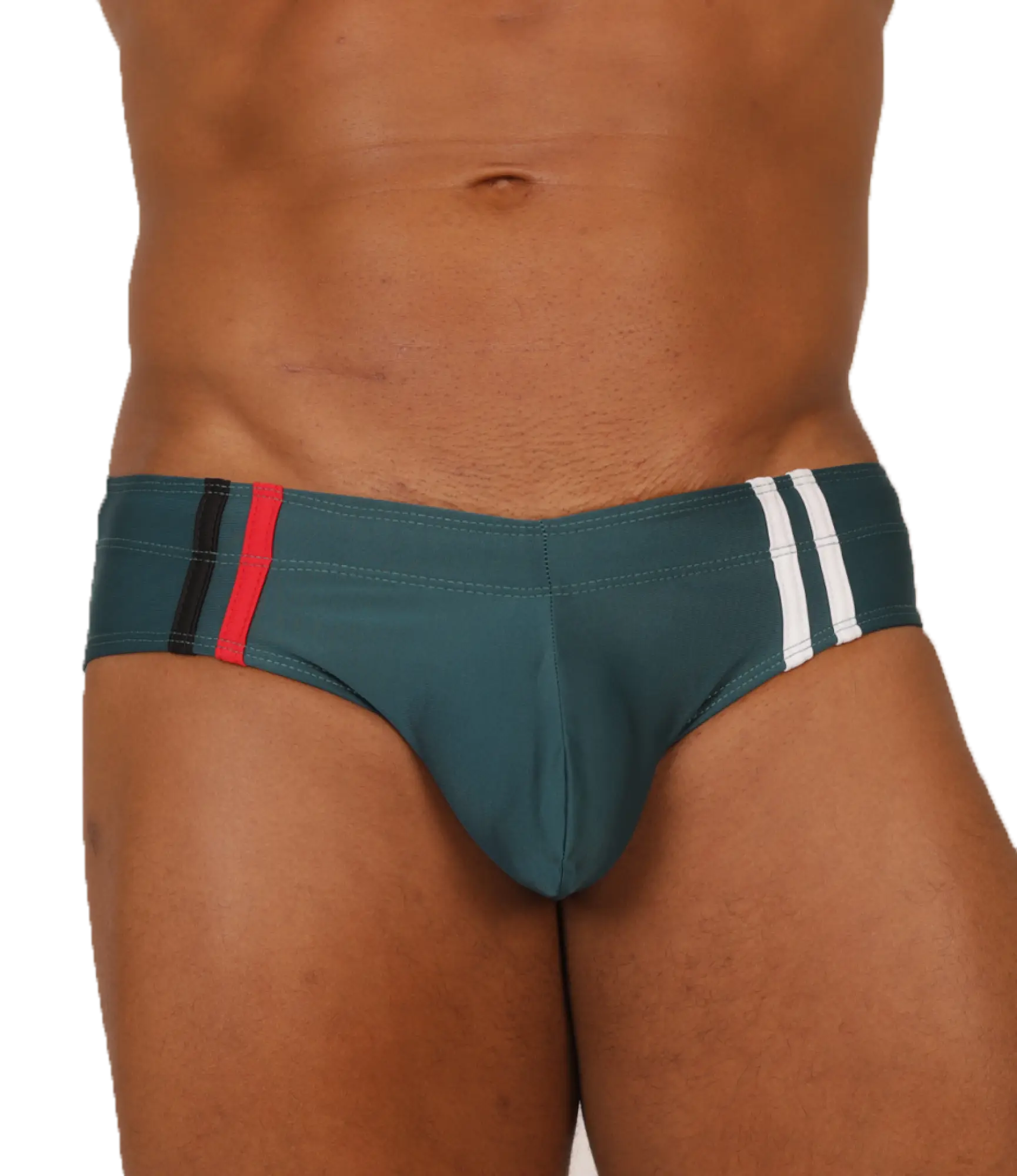 Gigo Nice Green swimbrief teal swim trunks with red black stripe on left and two white stripes on right sideband