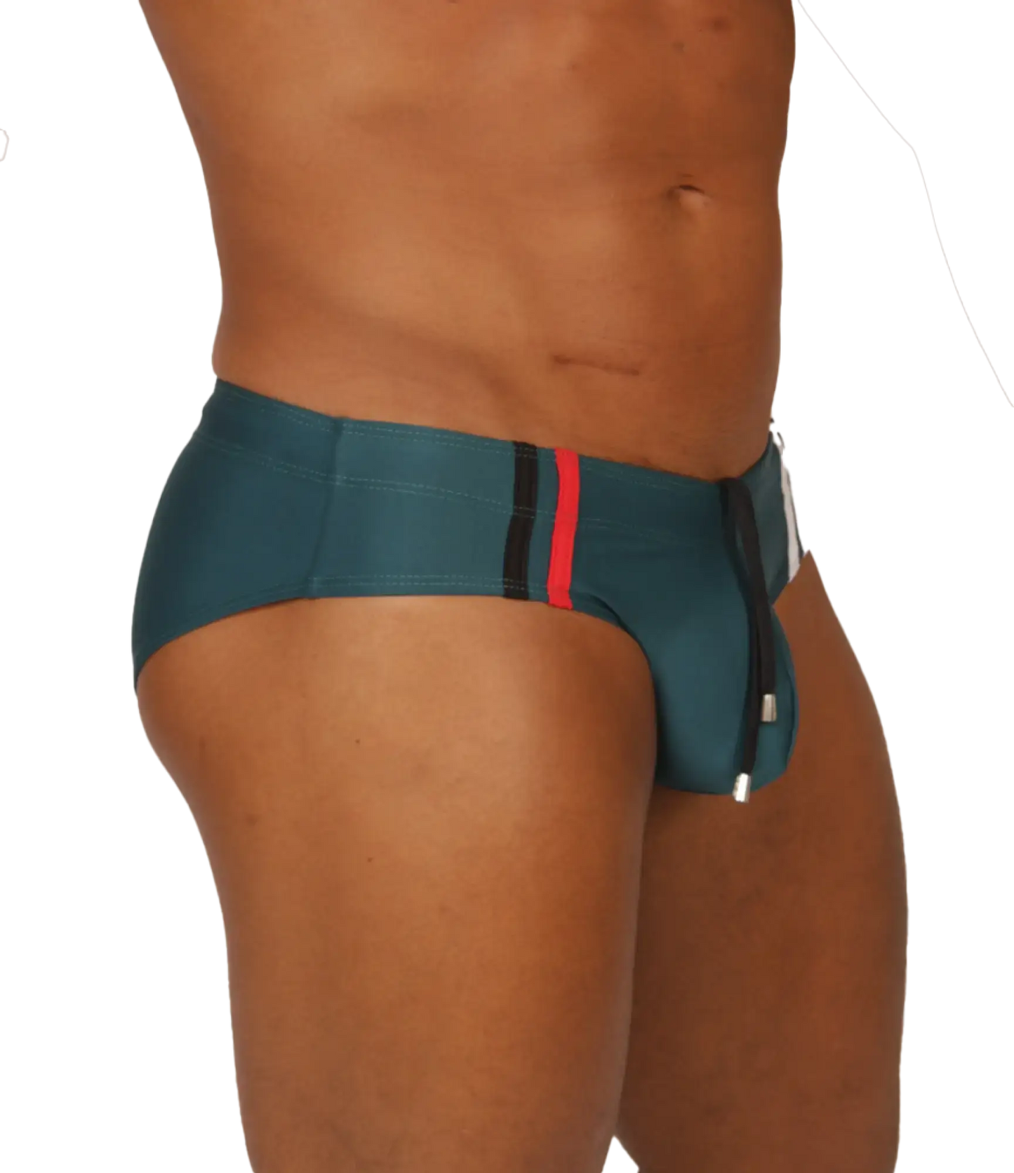 Teal gigo nice green swimbrief swim trunks with red and black side stripe detail for swimming and beachwear