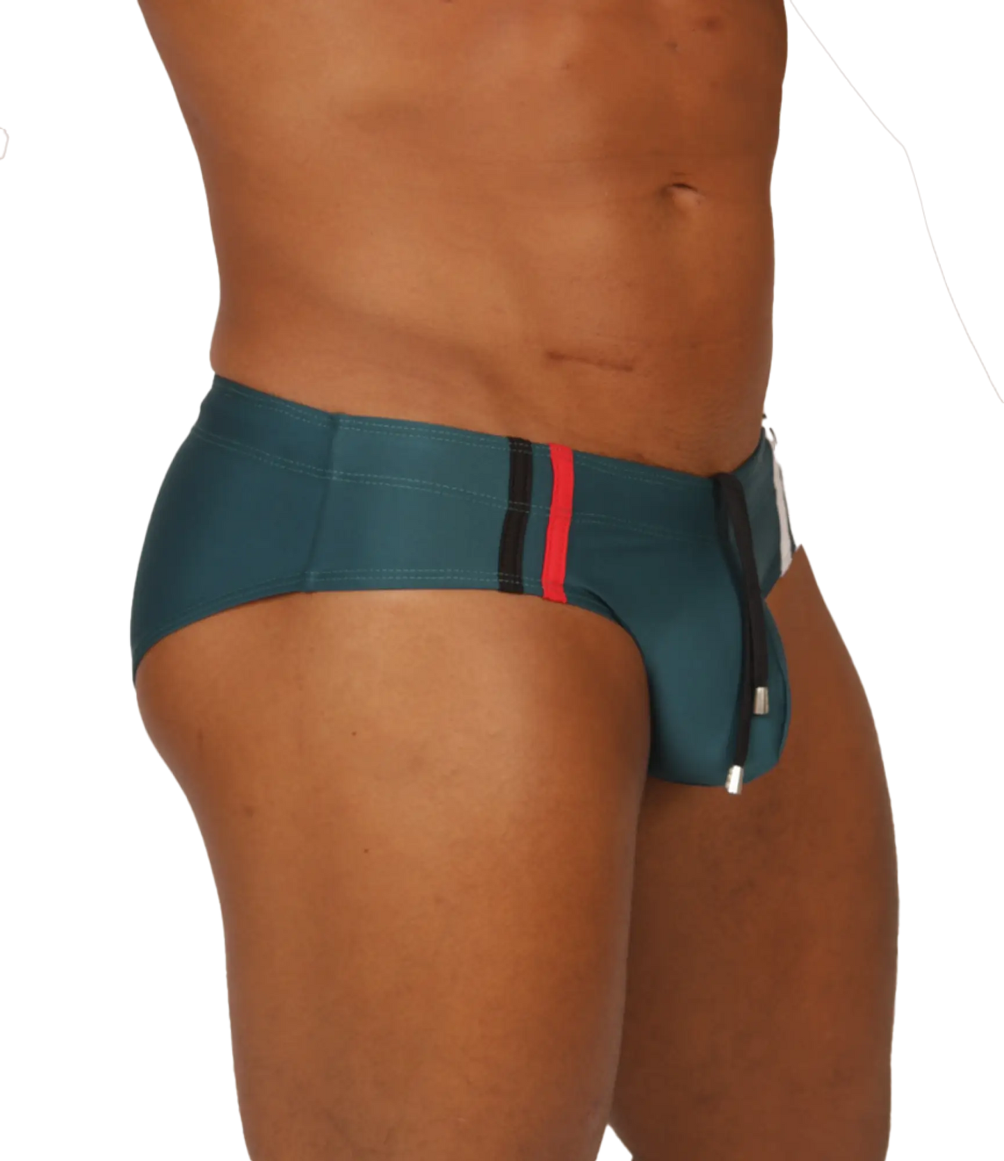 Teal gigo nice green swimbrief swim trunks with red and black side stripe detail for swimming and beachwear
