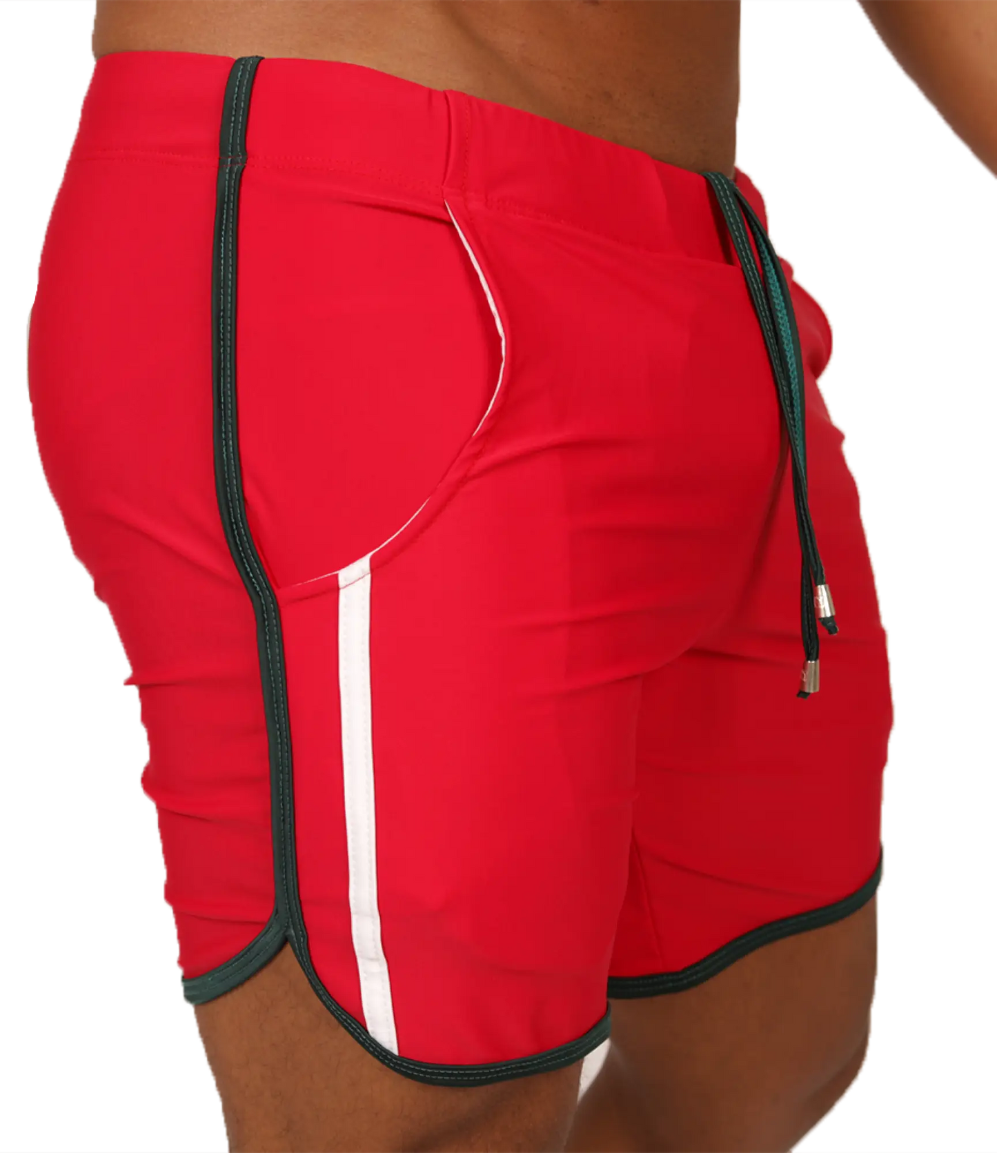 Red athletic shorts with white and black trim and drawstring waistband from gigo nice red beachwear collection