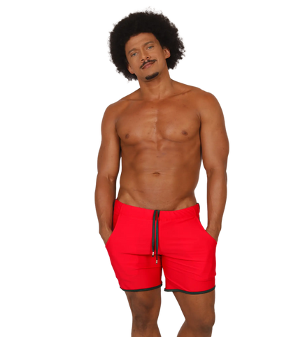 Bright red gigo nice red beachwear swim trunks with black trim and matching drawstring for beach use