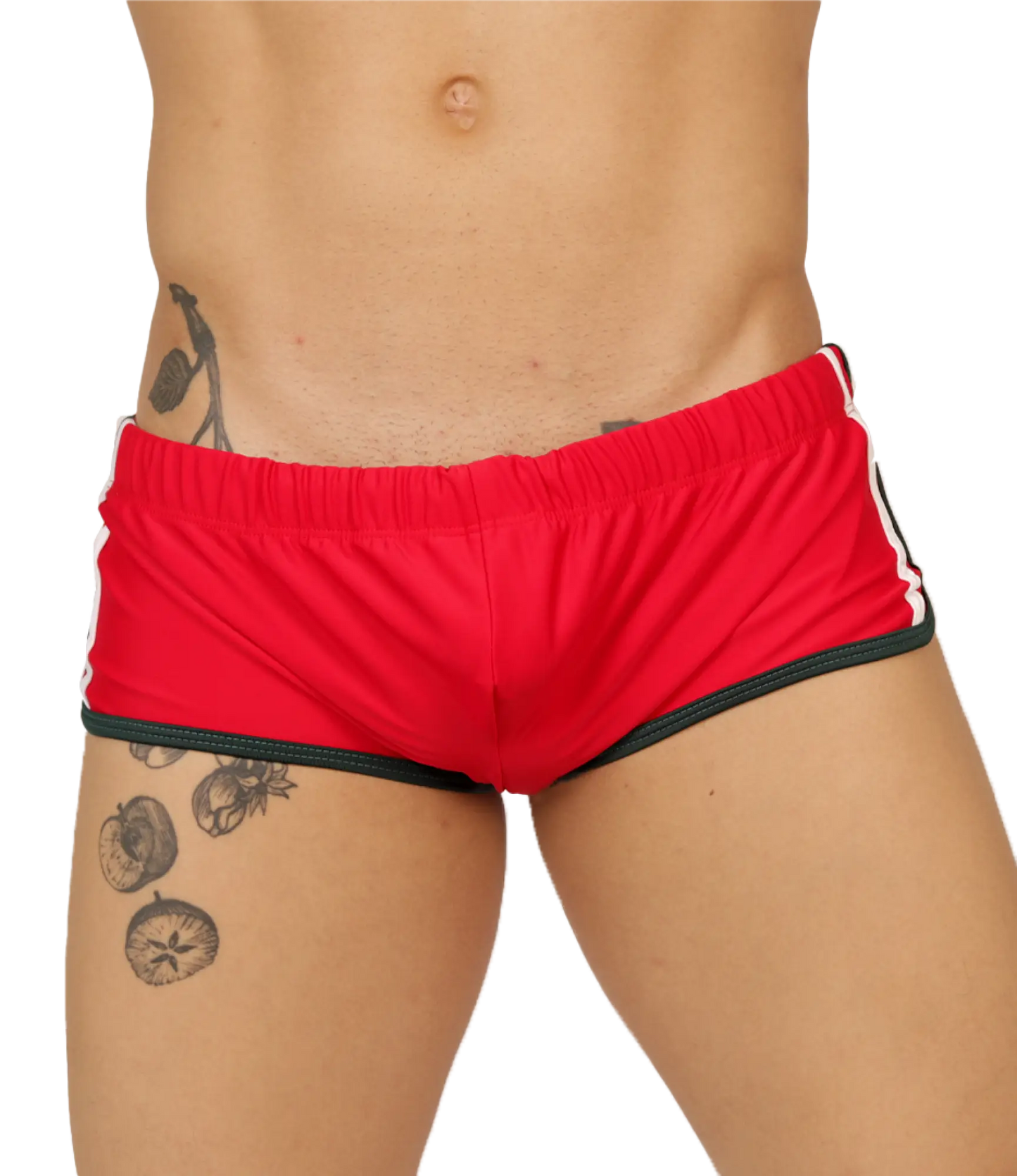 Gigo nice red swim trunk featuring red athletic shorts with black trim and white side stripes for swimming use