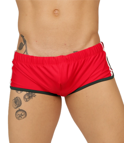 Gigo nice red swim trunk featuring red athletic shorts with black trim and white side stripes for swimming use