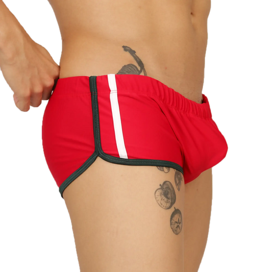Red athletic briefs swim trunk with white stripe and black trim by Gigo nice for active swimming use