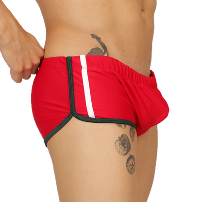 Red athletic briefs swim trunk with white stripe and black trim by Gigo nice for active swimming use