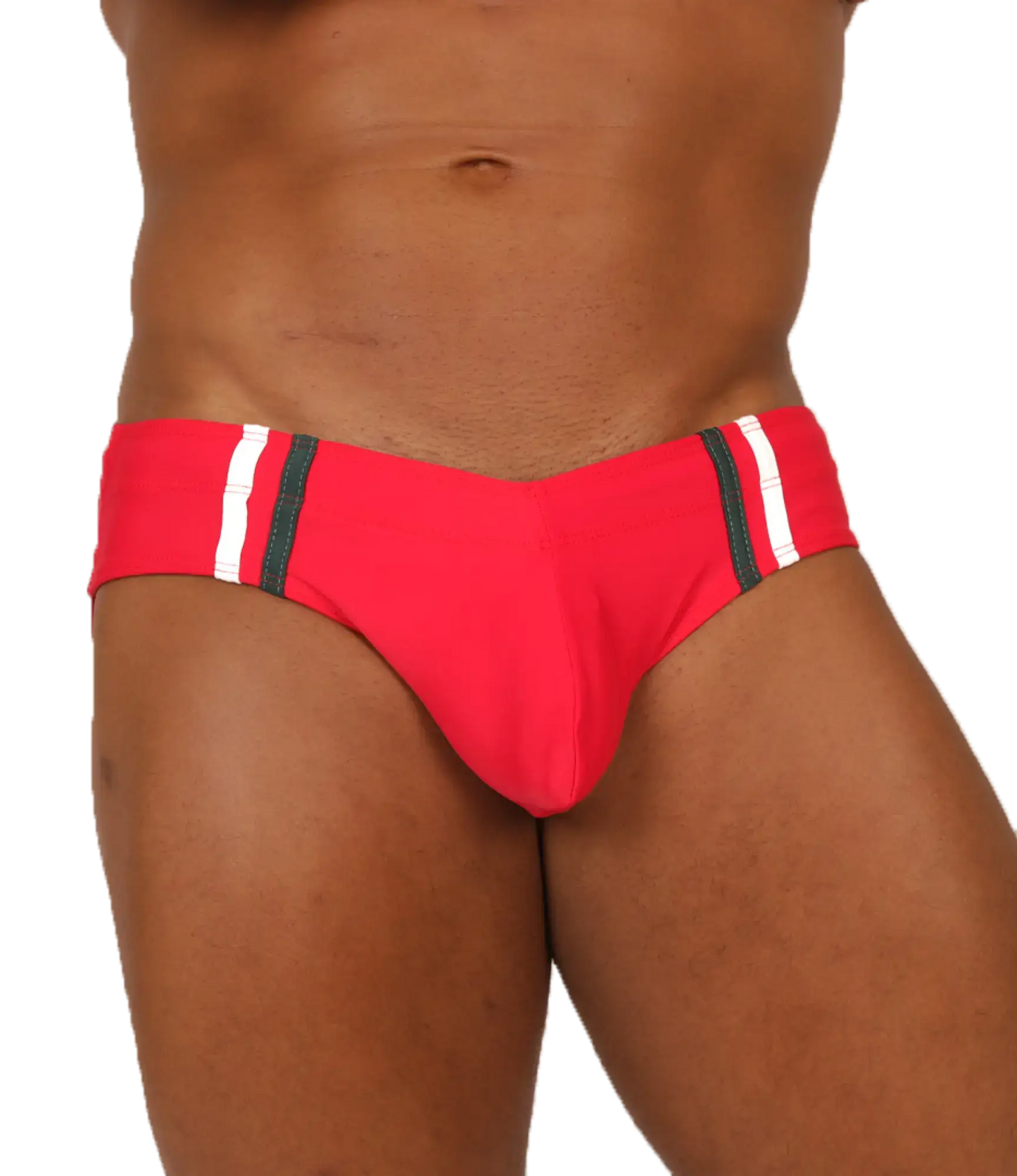 Vibrant red gigo nice red swimbrief with bold white and black striped side panels perfect for swimming