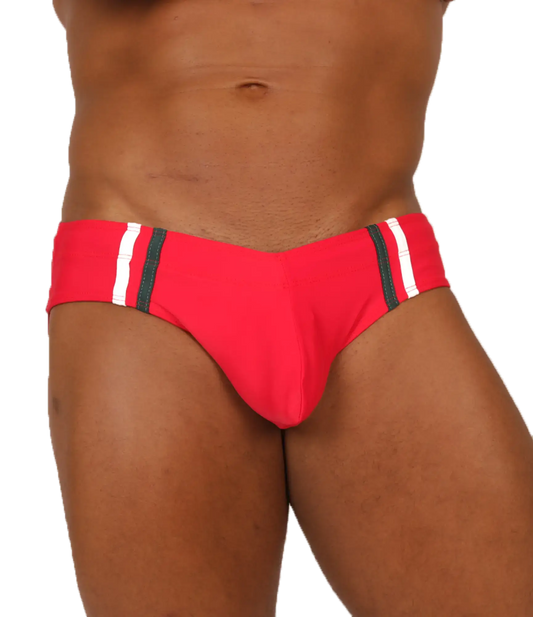 Vibrant red gigo nice red swimbrief with bold white and black striped side panels perfect for swimming