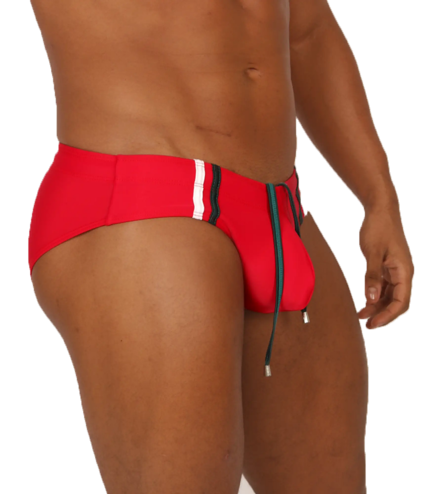 Gigo nice red swimbrief with white and black striped waistband and green drawstring for swimming use
