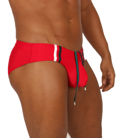 Gigo nice red swimbrief with white and black striped waistband and green drawstring for swimming use