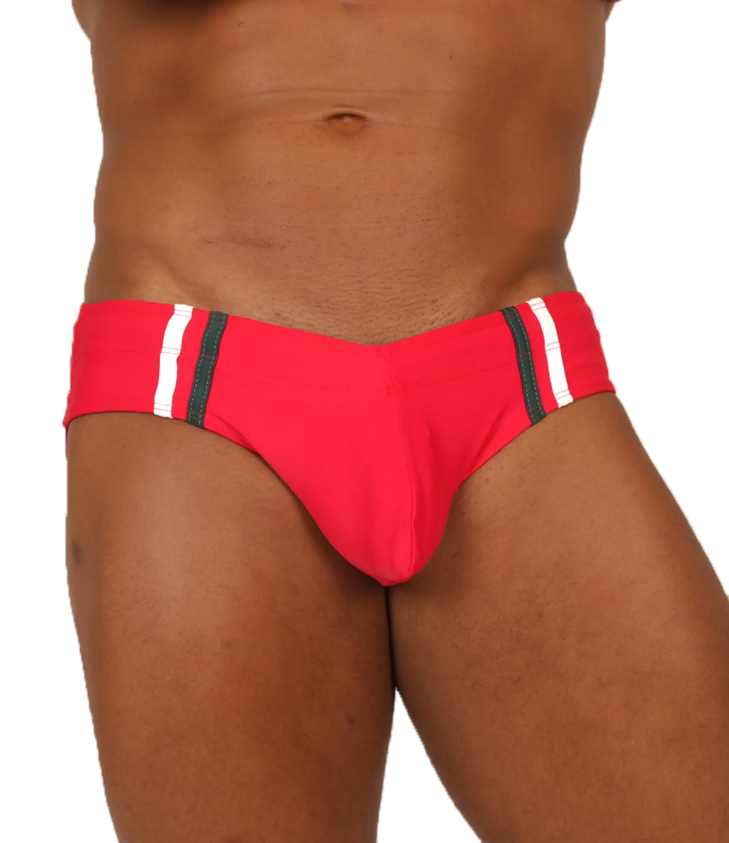 Vibrant red gigo nice red swimbrief with bold white and black striped side panels perfect for swimming