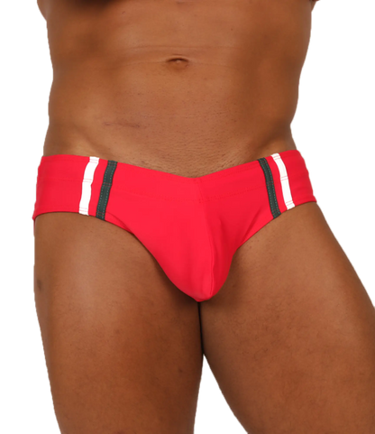 Vibrant red gigo nice red swimbrief with bold white and black striped side panels perfect for swimming