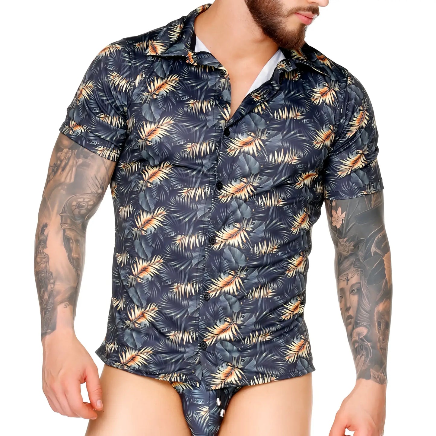 Dark blue gigo palms shirt with tropical beige and gold leaf pattern short-sleeved button-up design