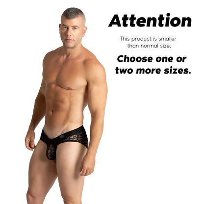 Gigo Paradise black brief menâ€™s underwear in sheer black lace with patterned design and small brand tag on waistband