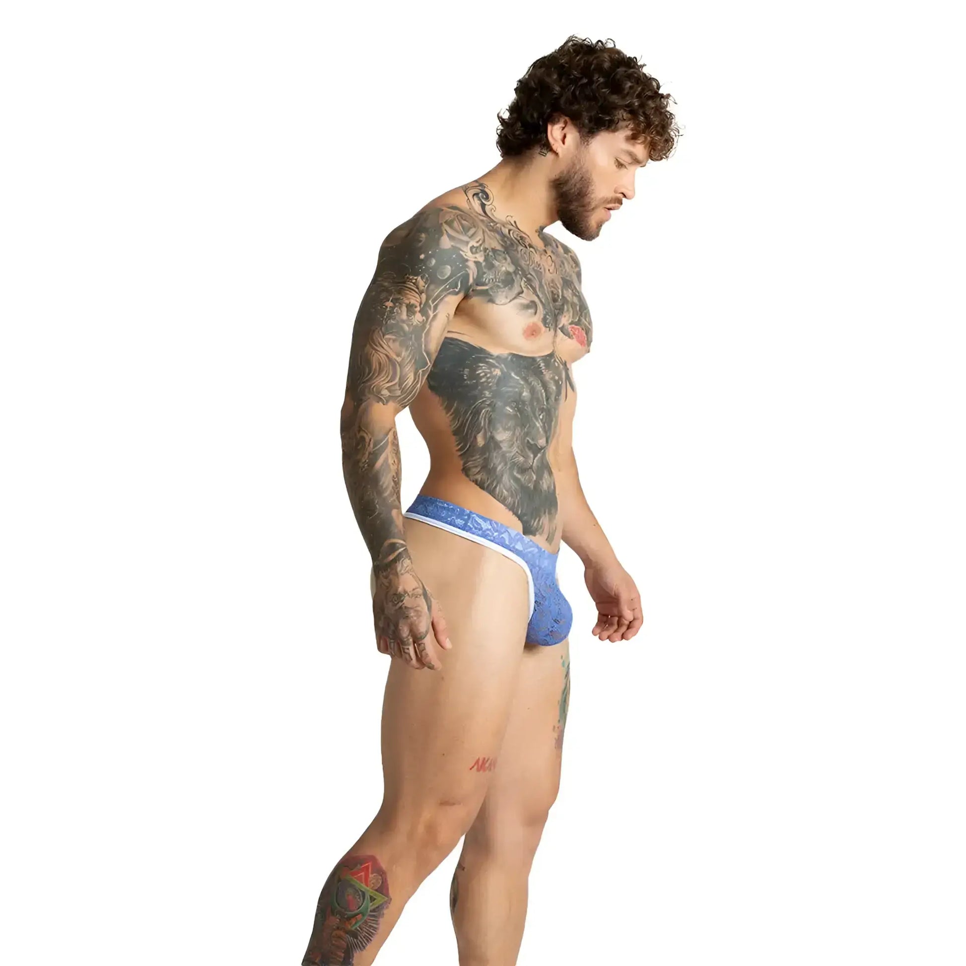 Blue lace-trimmed gigo paradise blue gstring menâ€™s briefs featuring delicate lace and a comfortable fit