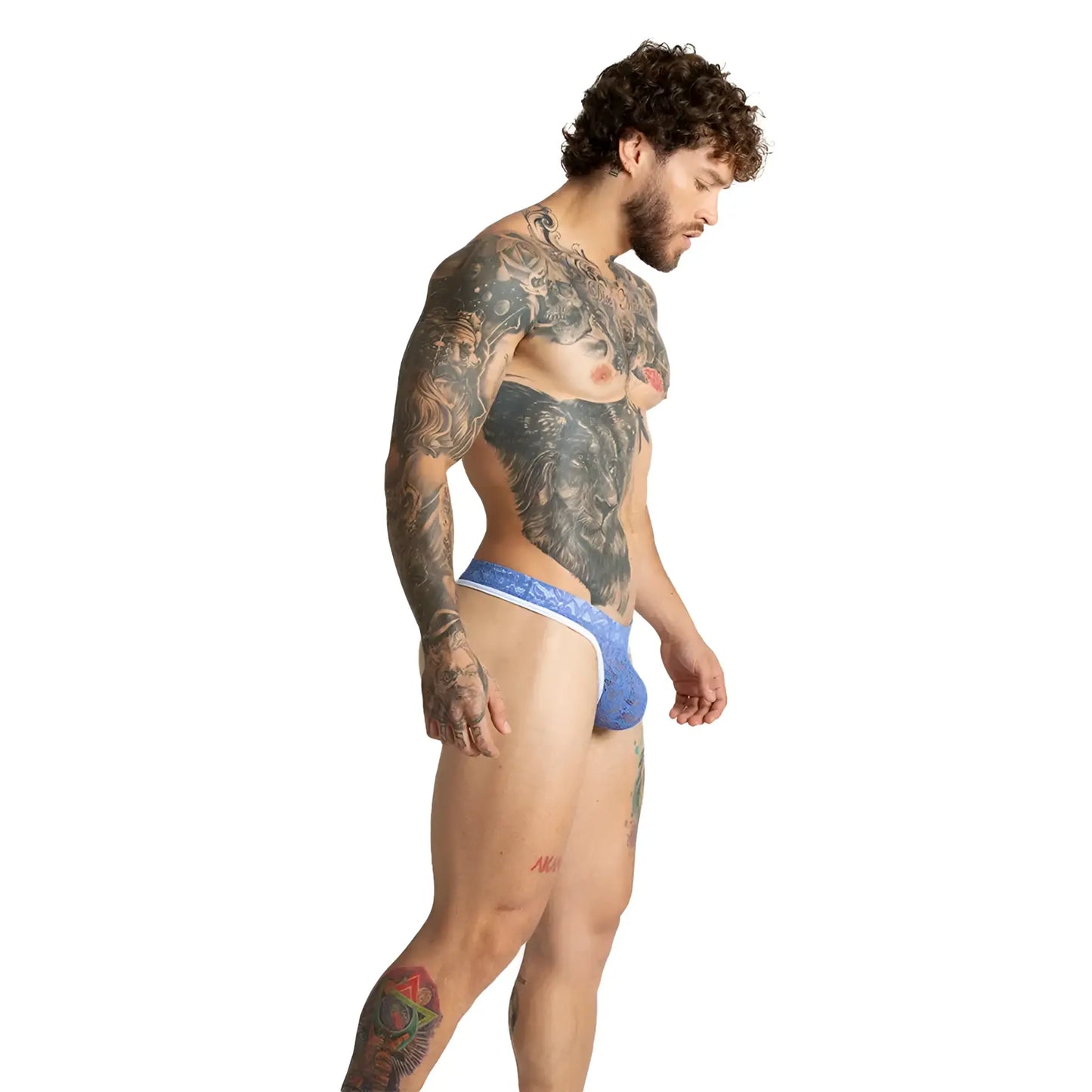 Blue lace-trimmed gigo paradise blue gstring menâ€™s briefs featuring delicate lace and a comfortable fit