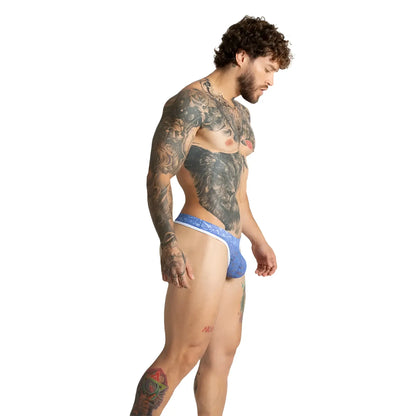Blue lace-trimmed gigo paradise blue gstring menâ€™s briefs featuring delicate lace and a comfortable fit