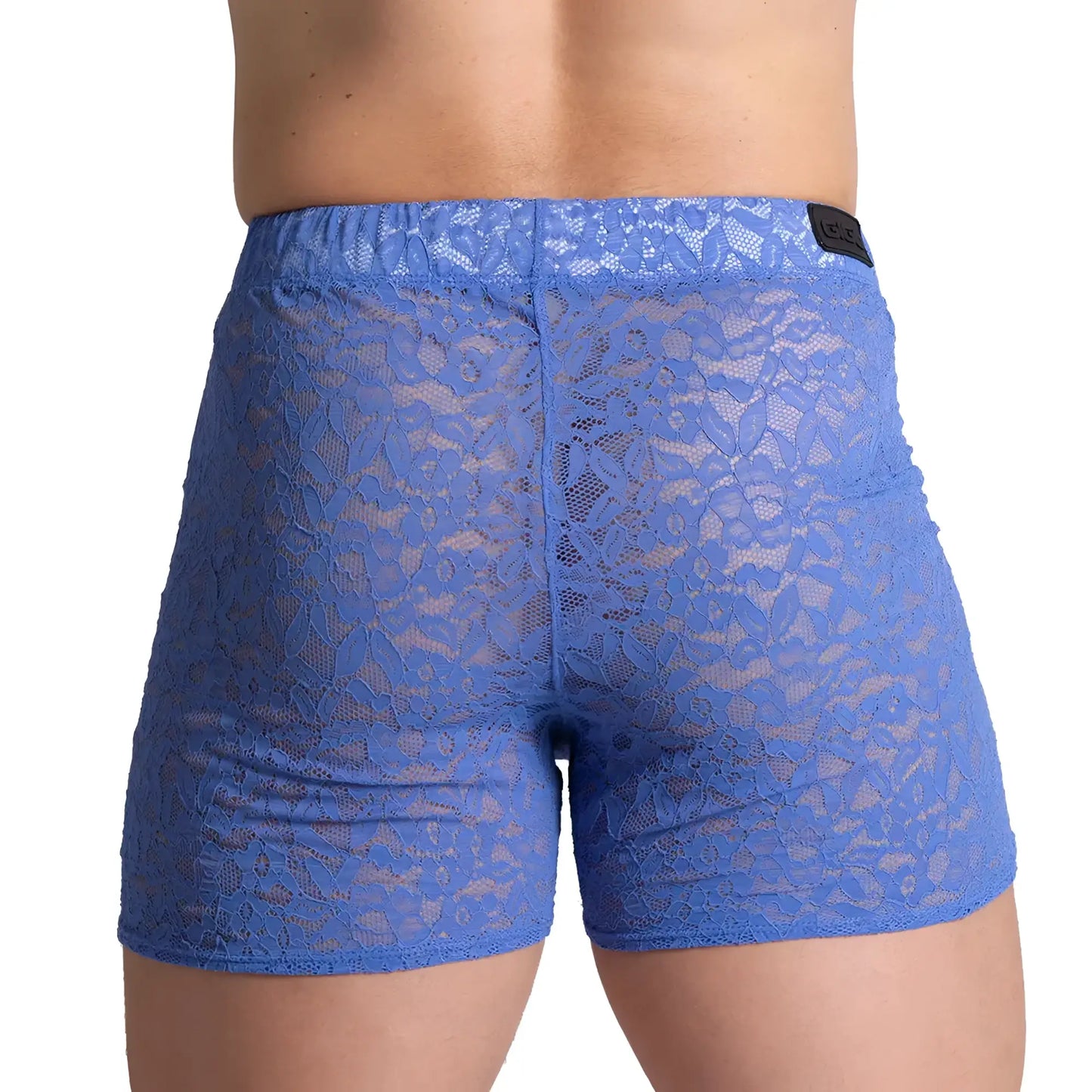 Gigo paradise blue hotshort blue lace menâ€™s shorts with a floral pattern and elastic waistband front view