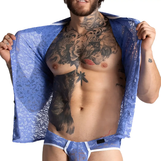 Blue lace mesh shirt featuring intricate floral and portrait patterns from gigo paradise collection