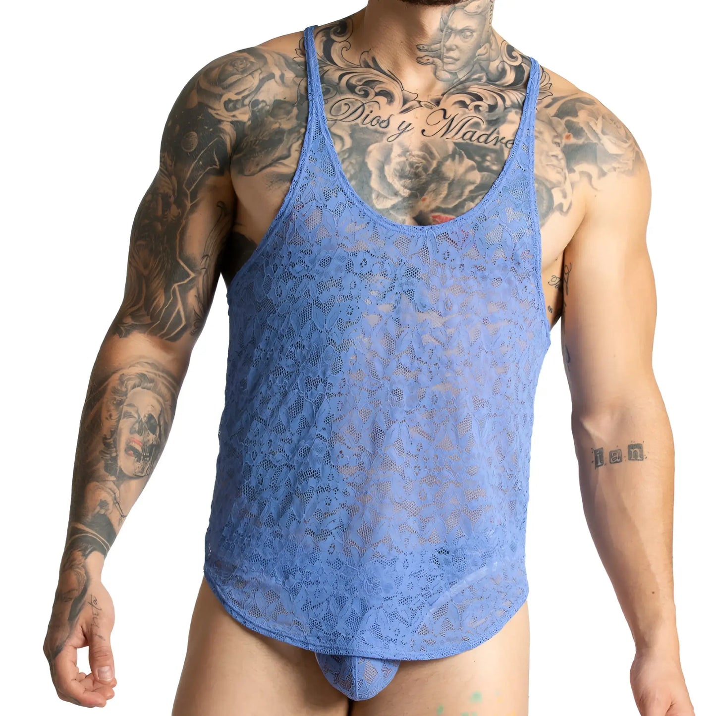 Gigo paradise blue tank blue lace menâ€™s tank top with sheer intricate floral pattern and low cut neckline
