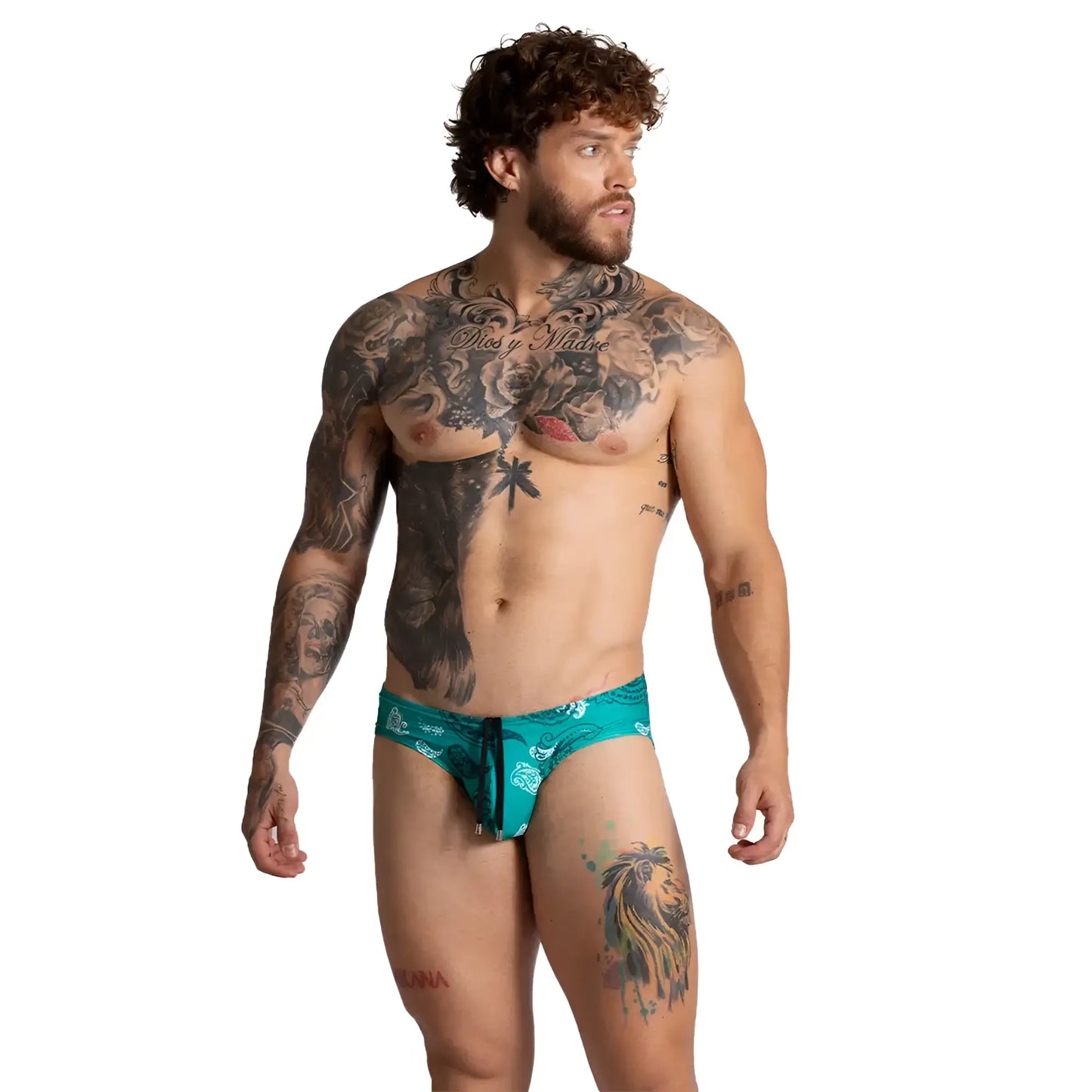 Teal patterned gigo paradise swim brief with drawstring waistband designed for comfortable swimwear use